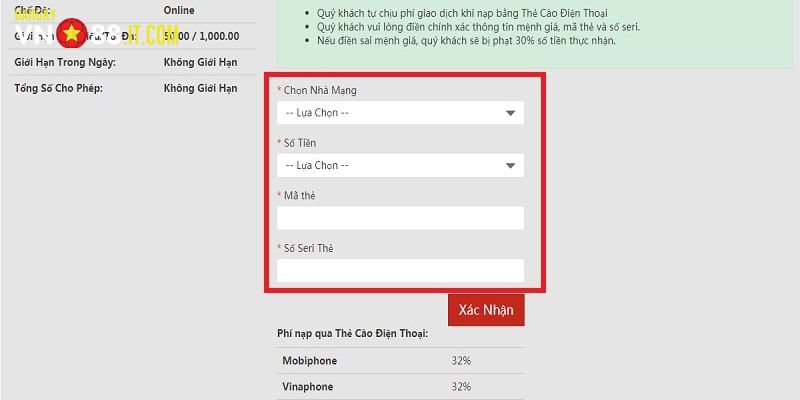 Biểu mẫu nạp tiền qua thẻ cào tại Vn88 it com